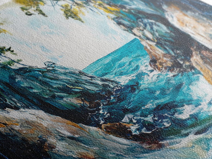 Ocean Cave, coastal landscape art, seascape painting, blue and green wall art, framed canvas print, extra wide art, beach painting