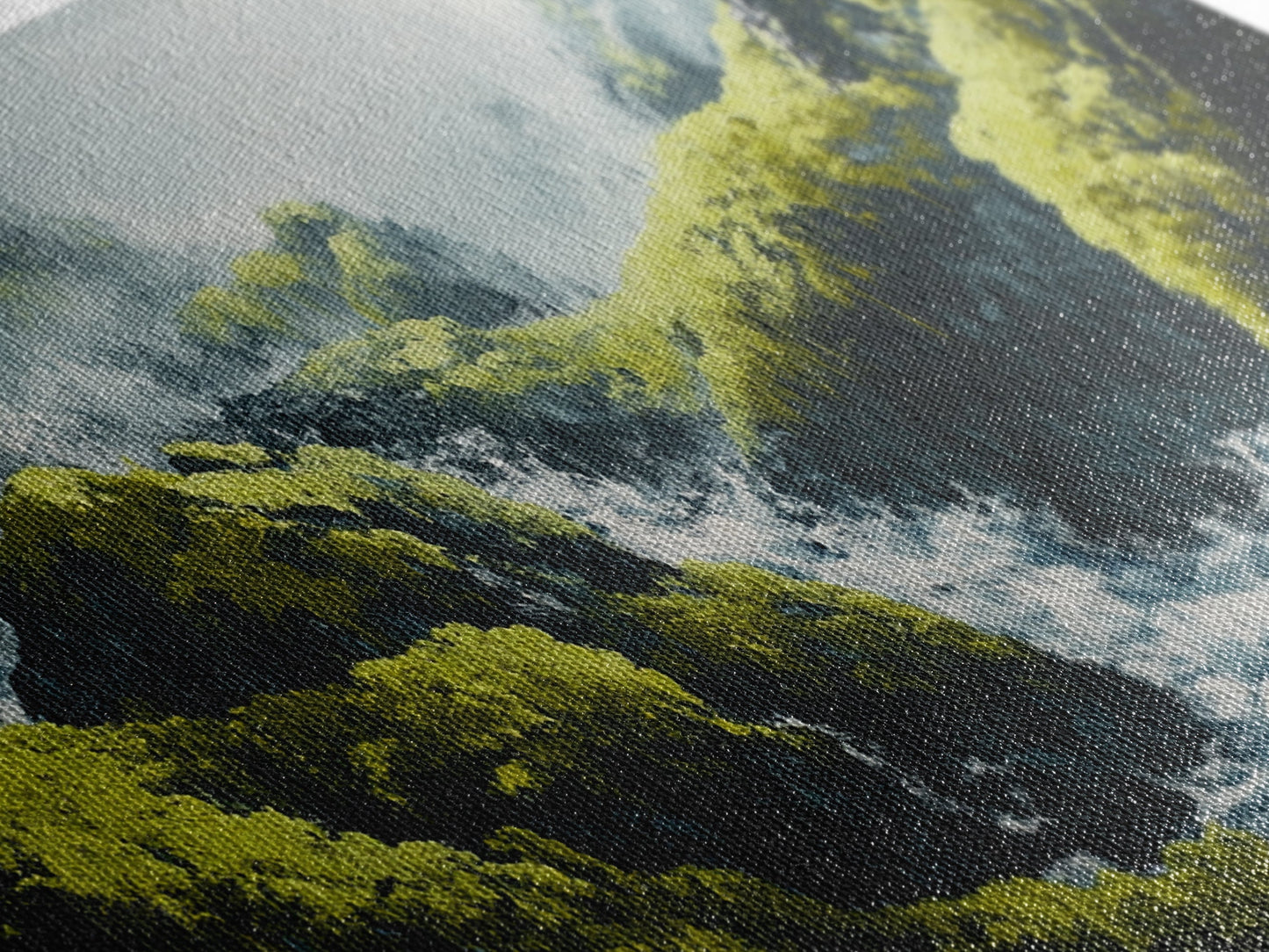 Waterfall Moss, green wall art, framed canvas print, mountain painting, zen wall art, rustic decor, original painting, above couch art