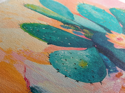 Prickly Pear Cactus, agave painting, southwest wall art, boho art, pink orange wall art, extra wide art, Framed Canvas Print