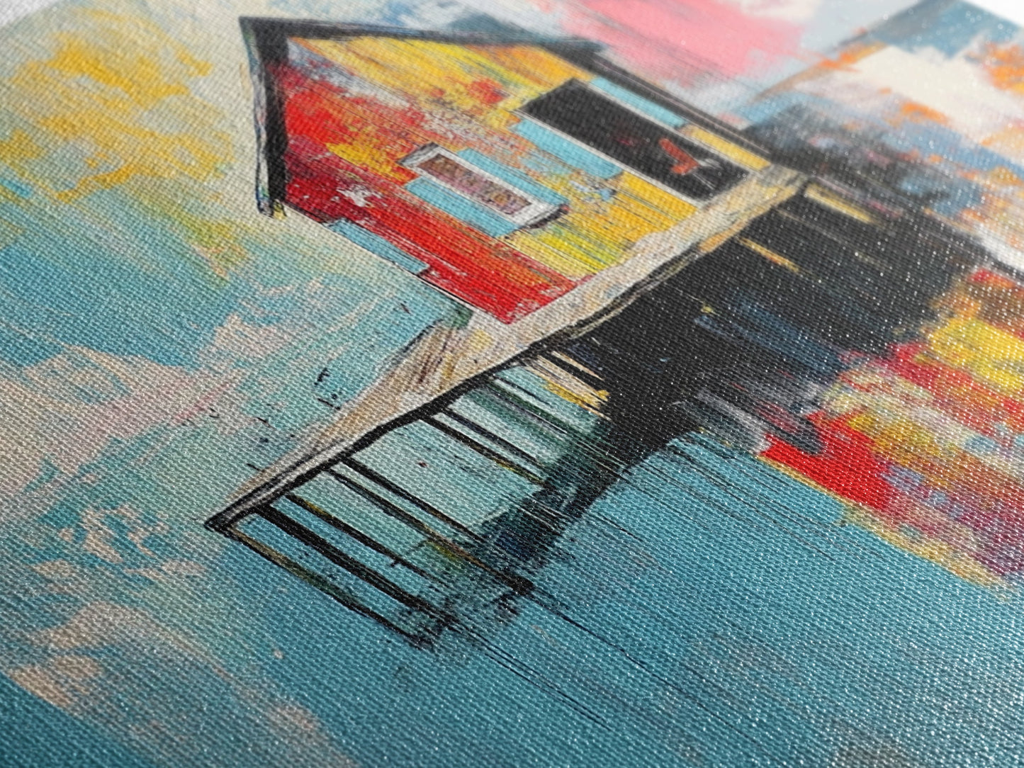 Colorful boathouse, lake reflection, coastal decor, seascape painting, nautical wall art, framed canvas print, extra wide art, gift idea