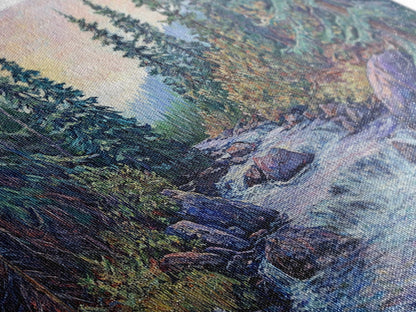 Forest River Scene, pine tree art, mountain painting, landscape painting, smoky mountain art, rustic decor, Framed Canvas Print