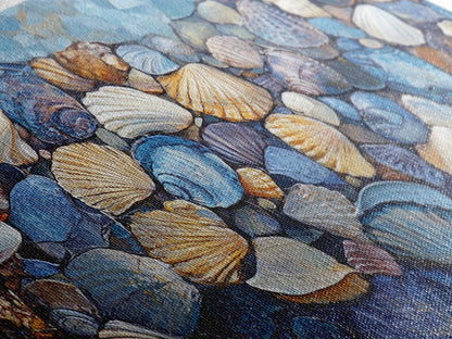 Seashell Beach Art, coastal wall art, oyster shell painting, blue and green wall art, framed canvas print, extra wide art