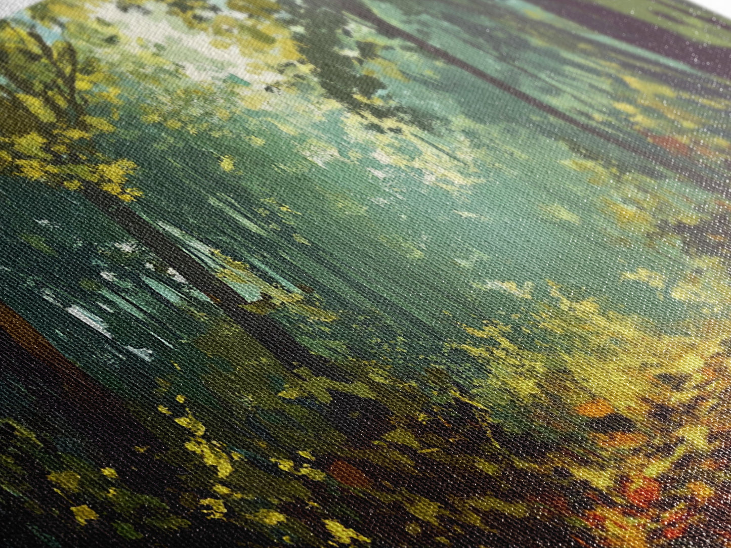 Forest Path, Sunlit Trees, Green Wall Art, Nature Landscape, Panoramic Painting, Rustic Wall Art, Framed Canvas Print