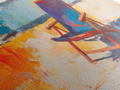 Beach Chair Art, coastal decor, surf wall art, framed canvas print, blue and green wall art, whimsical art, tropical painting