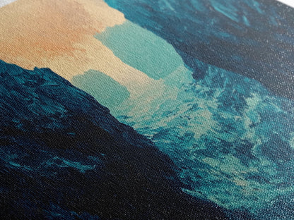 Moody Landscape, dramatic canyon, abstract oil painting, blue and green wall art, panoramic art, Framed Canvas Print, extra wide art