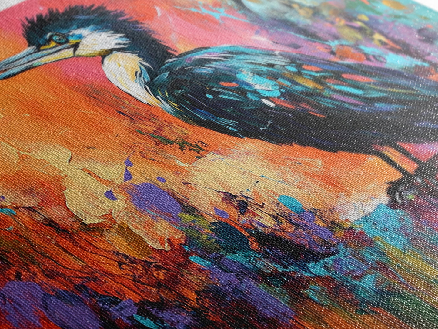 Colorful Bird, bird art, whimsical art, teal wall art, abstract wildlife painting, vibrant decor, boho art, Framed Canvas Print