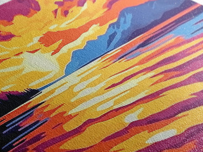 Sunset Glow, Serene Lake Reflection, Mountain Landscape Art, Vibrant Sky Painting, Framed Canvas Print, Office Wall Decor, Modern Home Art