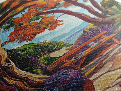 Autumn Table, Garden Path, Scenic View, Framed Canvas Print, cozy fall art, rustic decor, nature painting, Dining Room Wall Art