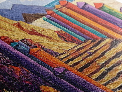 Colorful Cabins, Beach Path, Coastal Walkway, Vibrant Landscape, Canvas Print, Entryway Wall Art, Beach House Art, Bold Palette Decor