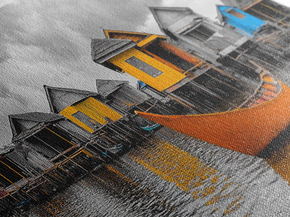 Colorful House Boats, Yellow Stilt Village, Framed Canvas Print, Vibrant Coastal Wall Art, Travel Photography, Living Room Accent Decor