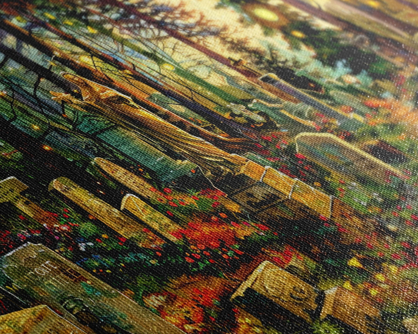 Colorful Haunted Grave Yard In The Spring Time, Framed Canvas Print, Spooky Wall Art, Halloween Spooky Season Decor