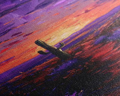 Colorful Sunset Over a Desert Landscape with a Saguaro Cactus and Dramatic Sky on a Framed Canvas Print Skinny Art Piece