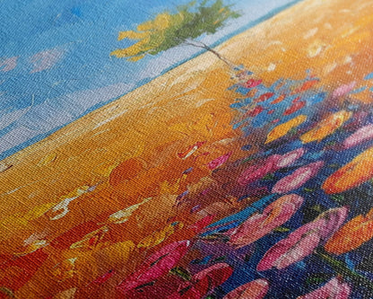 Colorful Wildflowers in a Field with a Lone Tree Under a Bright Blue Sky on a Framed Canvas Print Tall Art Piece