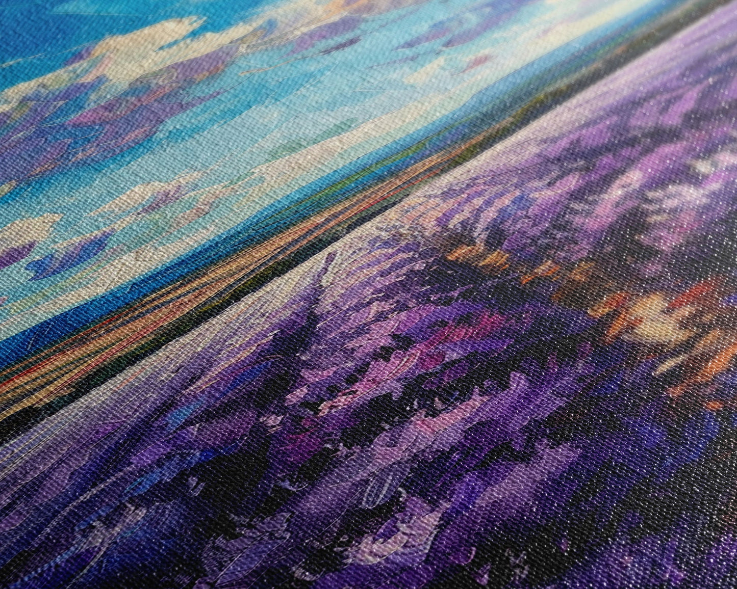 Framed Canvas Print of Wide Lavender Fields Under a Bright Sky Featuring Skinny Tall Art for Stunning Wall Decor in Home or Office