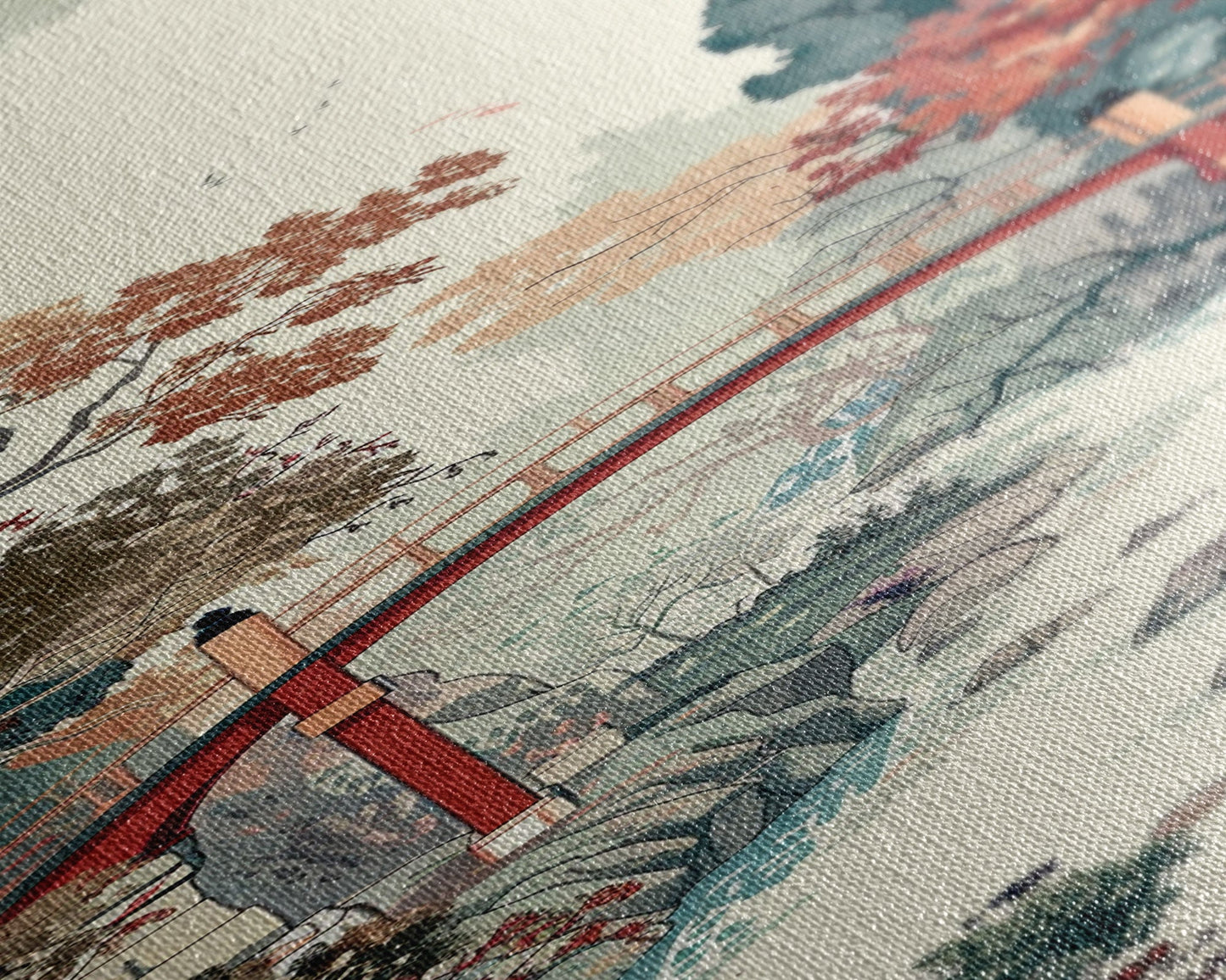 Traditional Japanese Skinny Art of Autumn Bridge in Serene Landscape with Fall Foliage – Framed Canvas Print