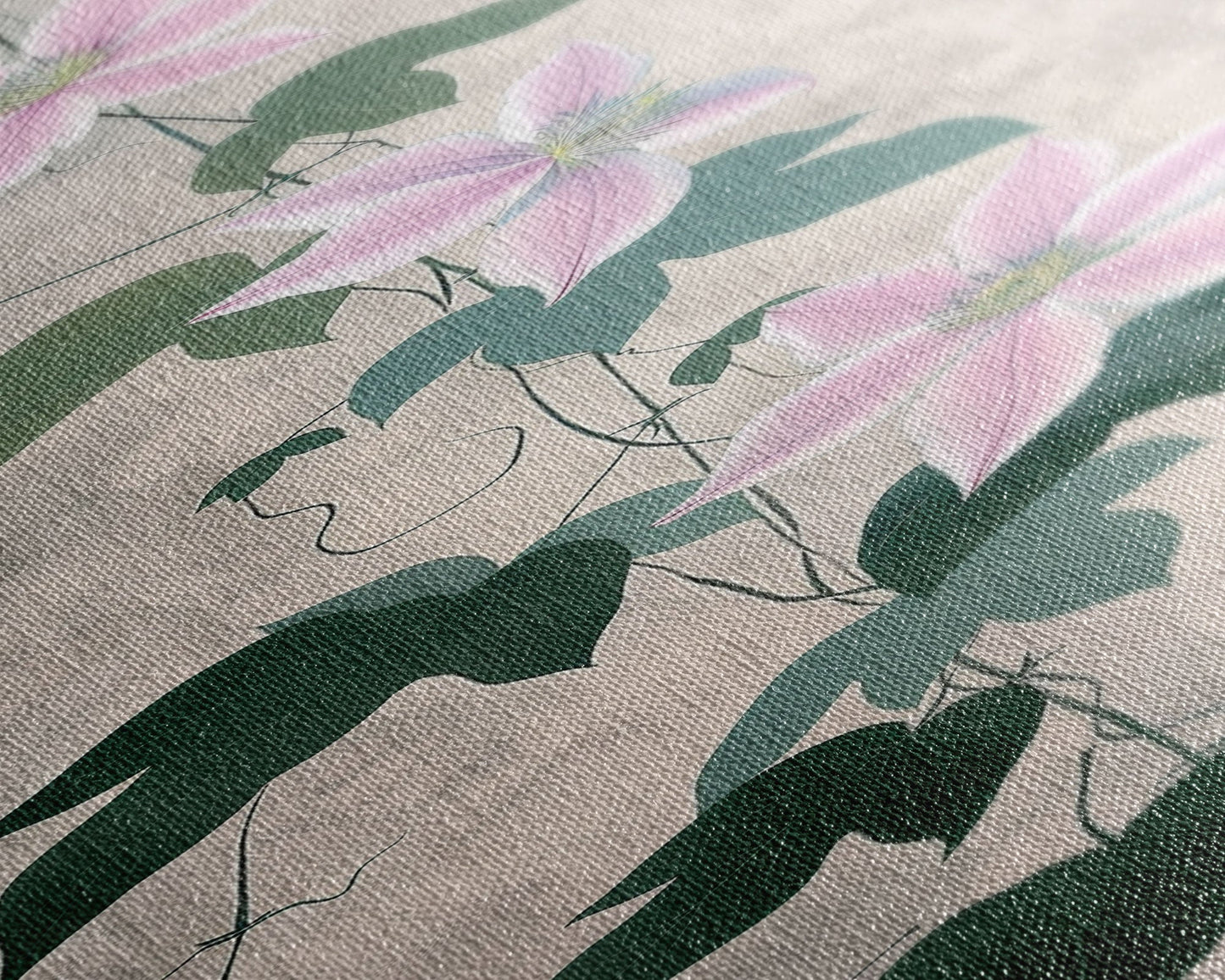 Skinny Art Clematis Vine In Japanese Style Wood Block Print Soft Pink Flowers On Framed Canvas Print, Tall Art Ukiyo-e