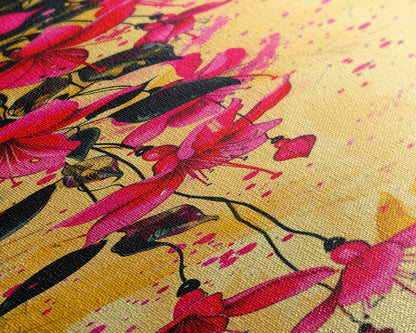 Skinny Art Tall Art Framed Canvas Print Bold Fuchsia Flowers In Dynamic Composition Over A Vibrant Yellow Background Ukiyo-e Japanese Style Art