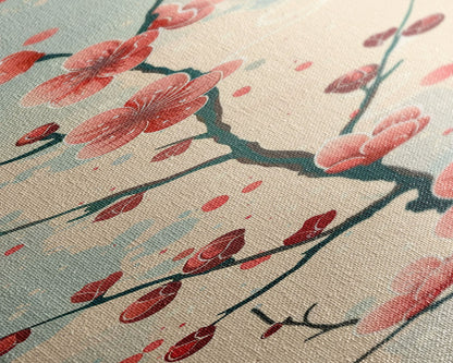 Peach Blossoms On Branch With Soft Pastel Background Tall Art Skinny Art Framed Canvas Print Japanese Style Art Ukiyo-e Wood Block Print