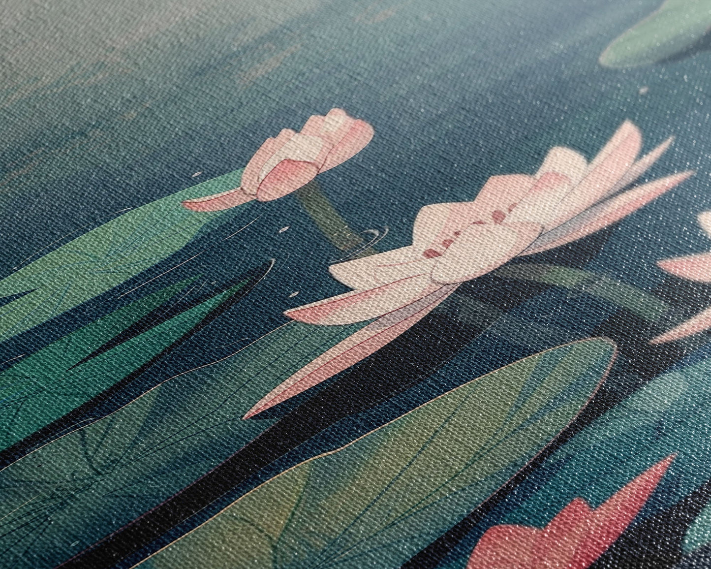 Calm Water Lilies Floating On Still Pond With Subtle Ripples Ukiyo-e Skinny Tall Wood Block Framed Canvas Print Japanese Style Art