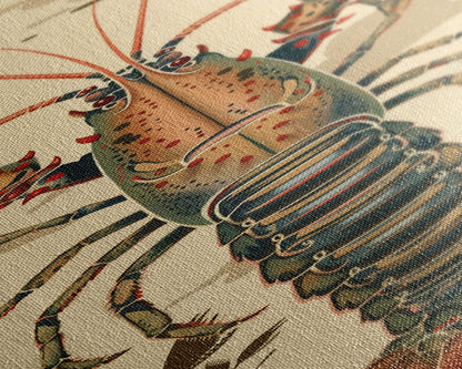 Detailed Lobster Illustration On Beige Background Skinny Art Wood Block Print Japanese Style Art Framed Canvas Print Tall Art Ukiyo-e Art