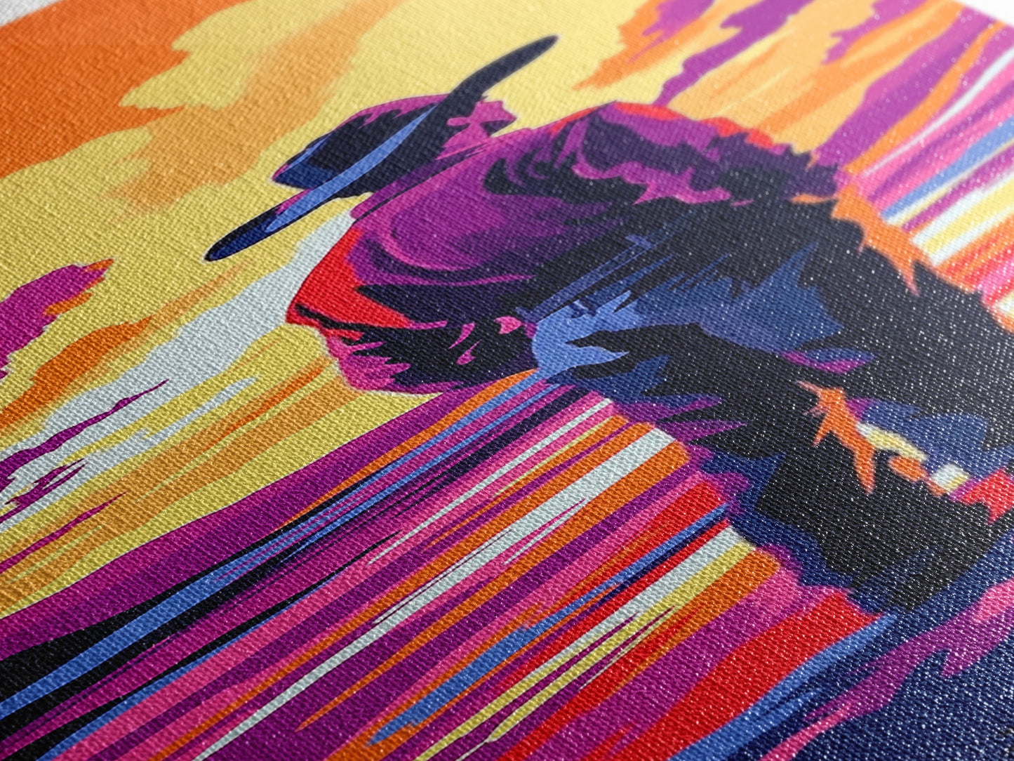 Colorful Sunset Cowboy Art Framed Canvas Print, Southwest Wall Art, Moody Art, Whimsical Art, Pink Orange Wall Art, Tall Narrow Art