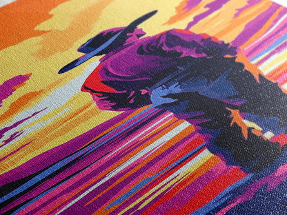 Colorful Sunset Cowboy Art Framed Canvas Print, Southwest Wall Art, Moody Art, Whimsical Art, Pink Orange Wall Art, Tall Narrow Art