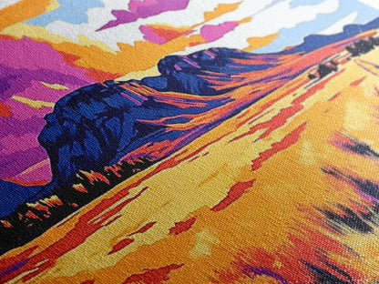 Vibrant mountain, pink orange wall art, Joshua tree art, geometric wall art, panoramic art, framed canvas print, landscape painting