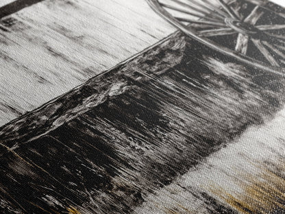 Wagon Wheel, barn landscape oil painting, black and white art, rustic decor, farmhouse art, extra wide art, Framed Canvas Print, moody art