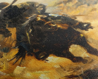 Cowboy Riding Horse into the Distance - Framed Canvas Print, Western Art, Rustic Decor, Living Room Wall Art, Cowboy Themed Art