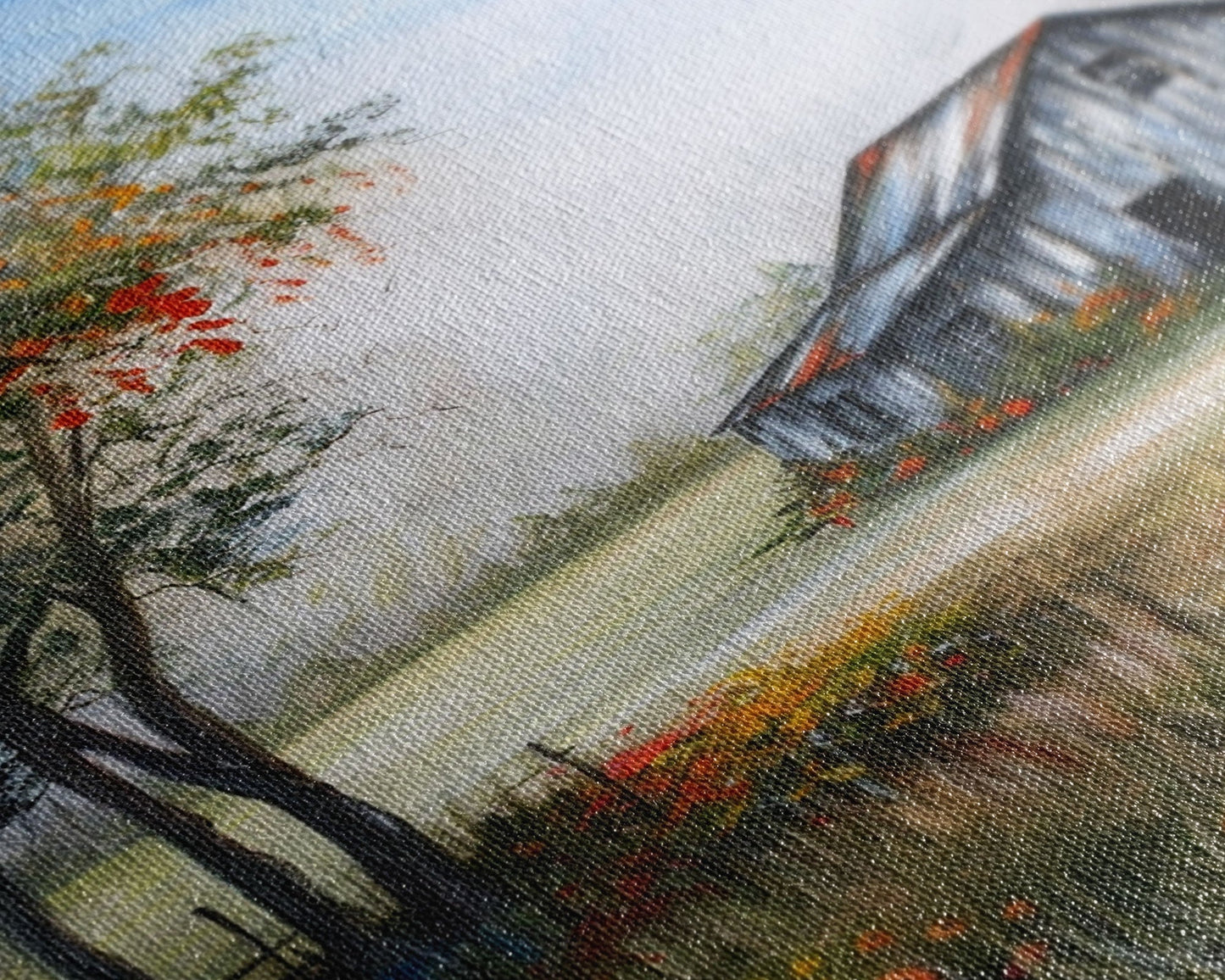 Idyllic Barn Scene with Rustic Charm - Framed Canvas Print, Country Living Room Decor, Farmhouse Wall Art, Barn Art Print for Bedroom