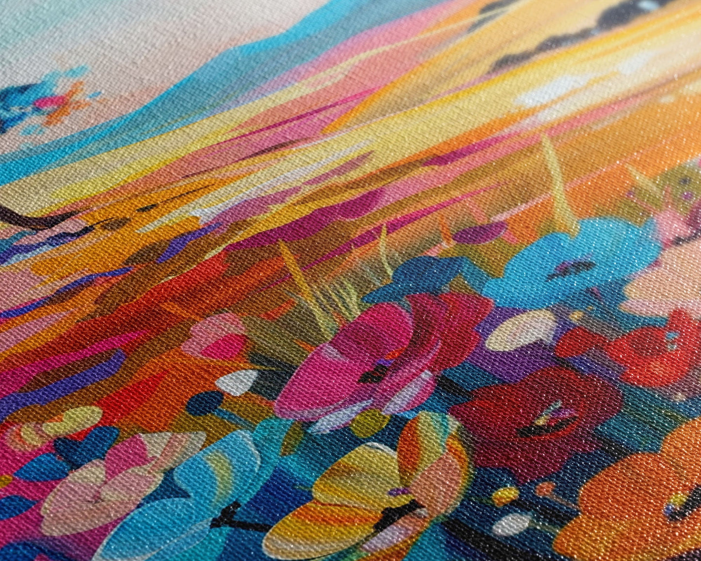 Vibrant Hills and Flowers Framed Canvas Print - Colorful Landscape Wall Art, Bright Living Room Decor, Whimsical Bedroom Art