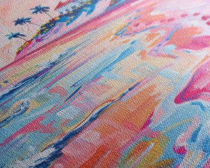 Colorful Tropical Beach Scene with Palm Tree - Framed Canvas Print, Vibrant Coastal Art, Living Room Decor, Beach Wall Art