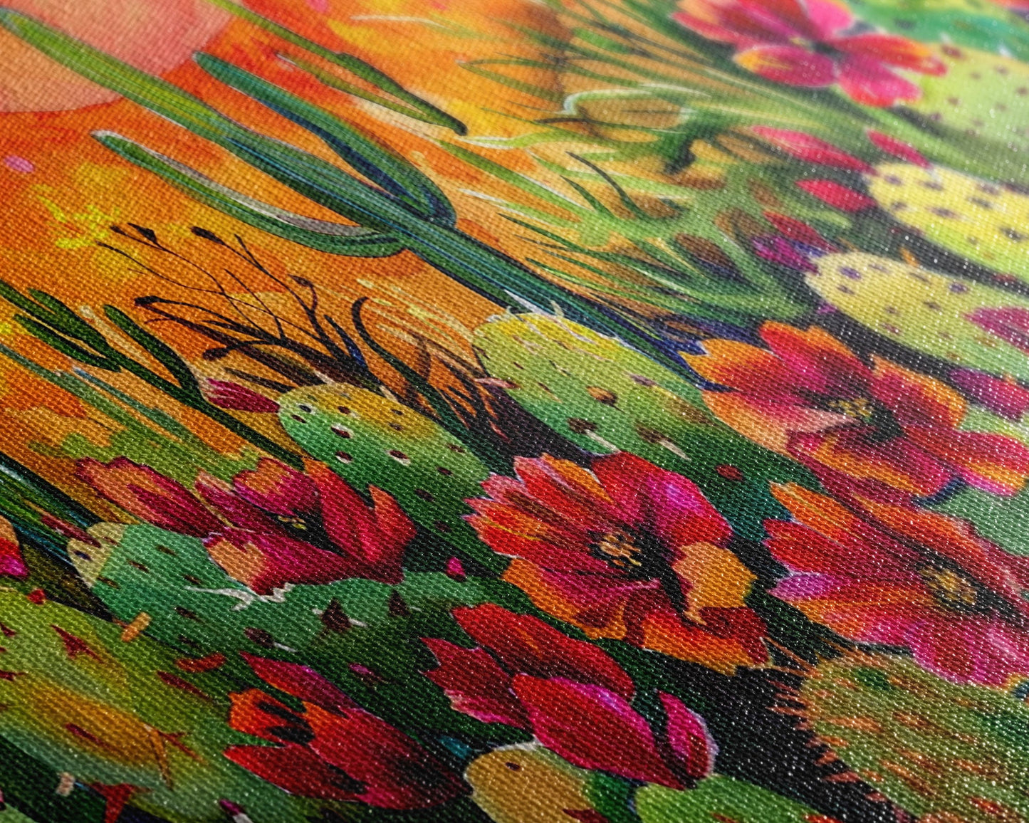 Colorful cactus garden in desert sunset, Framed Canvas Print, perfect for farmhouse living room, bohemian wall art