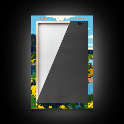 Colorful Pop Art Picture of a Stream, Framed Canvas Print, Surrealist High Contrast Cel Shaded Landscape Art