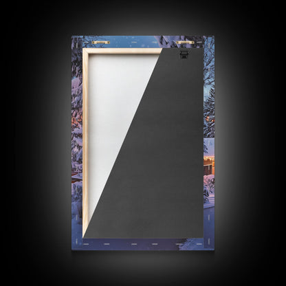 Classic Winter Christmas Neighborhood Framed Canvas Print Tall Art With Lights And Christmas Tree, Holiday Wall Art Home Decor