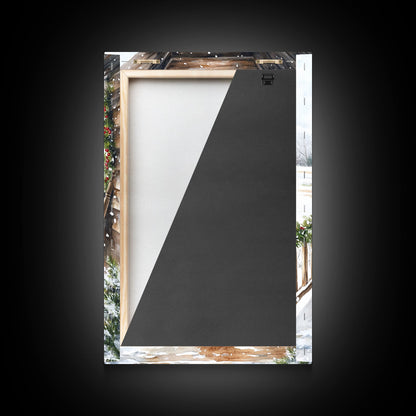 Farmhouse porch decorated with garland and cozy rocking chair, Framed Canvas Print winter decor idea for rustic home Christmas wall art