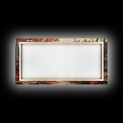 Fall On The River, Rustic Landscape Painting, Primitive Wall Art, Framed Canvas Print, retro festive holiday wall art Christmas decor