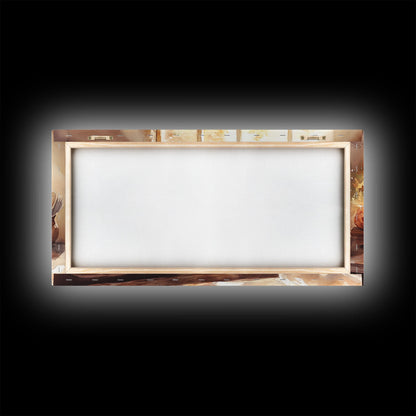 Thanksgiving table scene with food, pies and fall decor, Framed Canvas Print with pumpkins sunlight, autumn harvest home wall art and decor