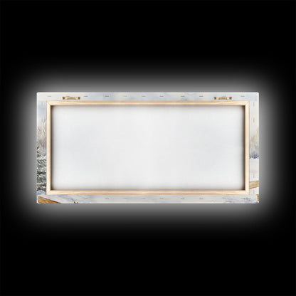 Snowy red farmhouse with wreaths and holiday lights, framed canvas print, perfect Christmas holiday decor or winter wall art display