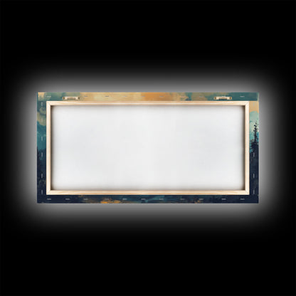 Teepee Camp, southwest wall art, landscape painting, mountain painting, rustic decor, moody art, Framed Canvas Print, panoramic painting