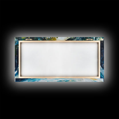 Ocean Cave, coastal landscape art, seascape painting, blue and green wall art, framed canvas print, extra wide art, beach painting