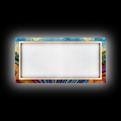 Whimsical Hills, rolling landscape, colorful fields, abstract nature, bold painting, extra wide art, Framed Canvas Print, rustic art