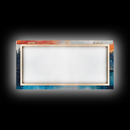 Mountain Lake Painting, Landscape Art, Lake Tahoe Art, Smoky Mountain Art, Rustic Decor, Sunset Wall Art, Extra Wide Art, Framed Canvas Print