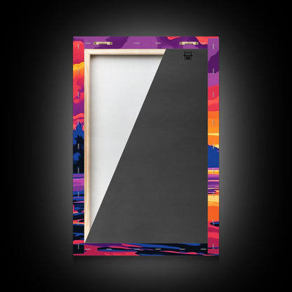 Tranquil Lake, Vibrant Sunset, Reflection Art, Serene Scene, Framed Canvas Print, Living Room Wall Art, Nature Decor, Landscape Painting