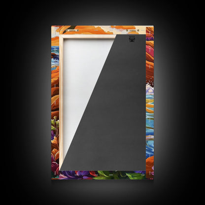 Coastal Waterfall, Ocean Rocks, Tropical Seascape, Sunset Art, Framed Canvas Print bathroom decor, beach lovers gift, colorful nature art