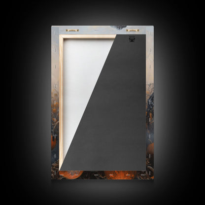 Haunting Scarecrow Holding Pumpkin in Misty Field | Halloween Wall Art | Spooky Home Decor | Creepy Scarecrow Painting | Framed Canvas Print