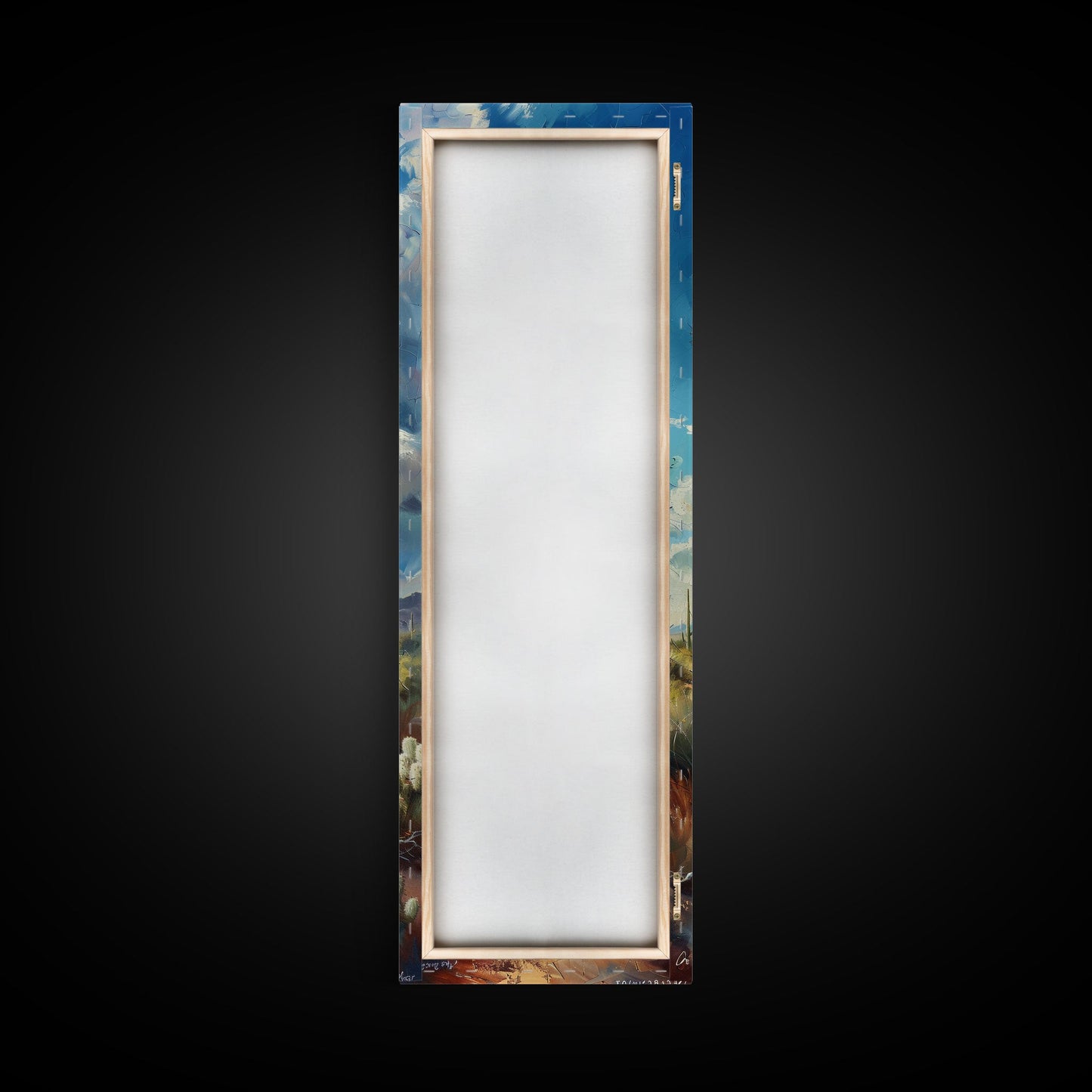 Iconic Saguaro Cactus in a Desert Landscape Under a Bright Blue Sky on a Framed Canvas Print Tall Art Piece