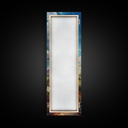 Iconic Saguaro Cactus in a Desert Landscape Under a Bright Blue Sky on a Framed Canvas Print Tall Art Piece