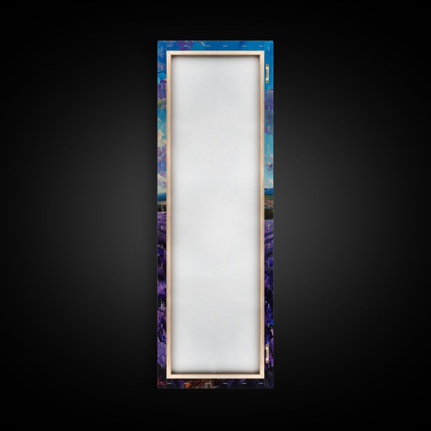 Framed Canvas Print of Wide Lavender Fields Under a Bright Sky Featuring Skinny Tall Art for Stunning Wall Decor in Home or Office