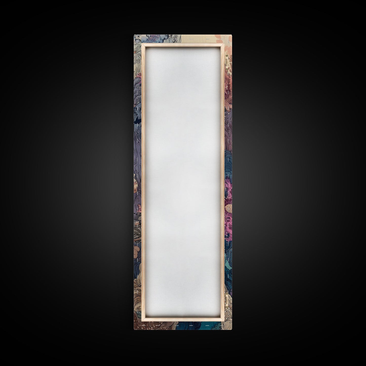 Framed Canvas Print Of A Coral Reef Scene Filled With Vibrant Marine Life, Skinny Art, Tall Art, Japanese Style Art, Ukiyo-e Art, Wood Block Print